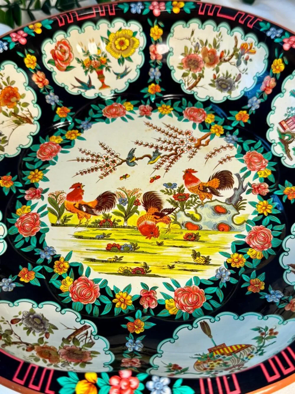 Vintage 1971 Daher Decorated Ware Chinoiserie Rooster Metal Tray / Bowl